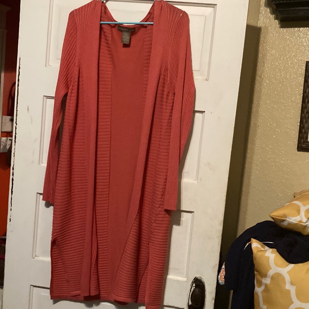 Alexandra + Oak maxi length cardigan, ribbed, slits on each bottom side